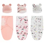 Blanket Hat Set Cartoon Printed Cotton Newborn Swaddle Adjustable Infant Sleeping Swaddle Wraps All Seasons 0-6 Months