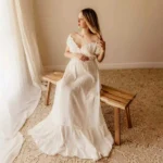 Boho Gender Reveal Maternity Photoshoot Dress Off Shoulder Pleated Maxi Gown Pregnancy Photography Outfit Shower Wear