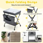 Changing Table, Adjustable Height Portable Diaper Station w Lockable Wheels, Safety Belt, Large Storage Rack amp Bag, Foldi - Image 5
