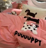 Cute towel embroidery dog cat brown green bedding set,twin full queen king cotton home textile bed sheet pillow case quilt cover - Image 3