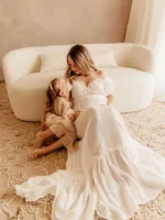 Boho Gender Reveal Maternity Photoshoot Dress Off Shoulder Pleated Maxi Gown Pregnancy Photography Outfit Shower Wear - Image 4