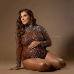 Stretchy Maternity Photography Bodysuit Luxurious Crystals Brown Rhinestone Pregnancy Photo Shoot Wear Jumpsuits - Image 2