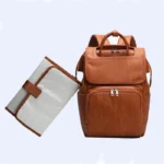 PU Leather Diaper Bag Backpack For Moms Large Capacity Nappy Bag with Changing Pad + Stroller Straps Brown and Black - Image 3