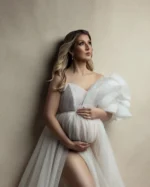 Sexy Pleated White Maternity Evening Dresses One Puffy Shoulder High Slit See Thru Pregnancy Gowns Custom Made Party Outfits - Image 4
