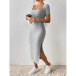 Maternity Dresses Hot Fashion Square Neck Side Knit Solid Color Clothes Pregnant Women Short-sleeved Dress Pregnant Women