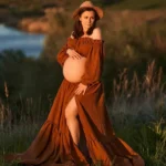 Sexy Off Shoulder Retro Maternity Photography Dress Comfortable Pregnancy Wear Linen Cotton Boho Top Large Skirt Photo Shooting - Image 2