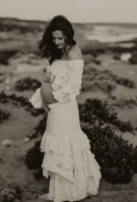 Maternity Photoshoot Dress Shed Gypsy Set Women's Boho Western Two-Pieces Cream Layered Ruffle Maxi Skirt For Pregnancy Session - Image 2