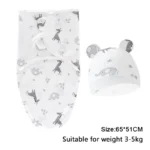 Blanket Hat Set Cartoon Printed Cotton Newborn Swaddle Adjustable Infant Sleeping Swaddle Wraps All Seasons 0-6 Months - Image 6
