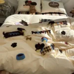 Cute towel embroidery dog cat brown green bedding set,twin full queen king cotton home textile bed sheet pillow case quilt cover