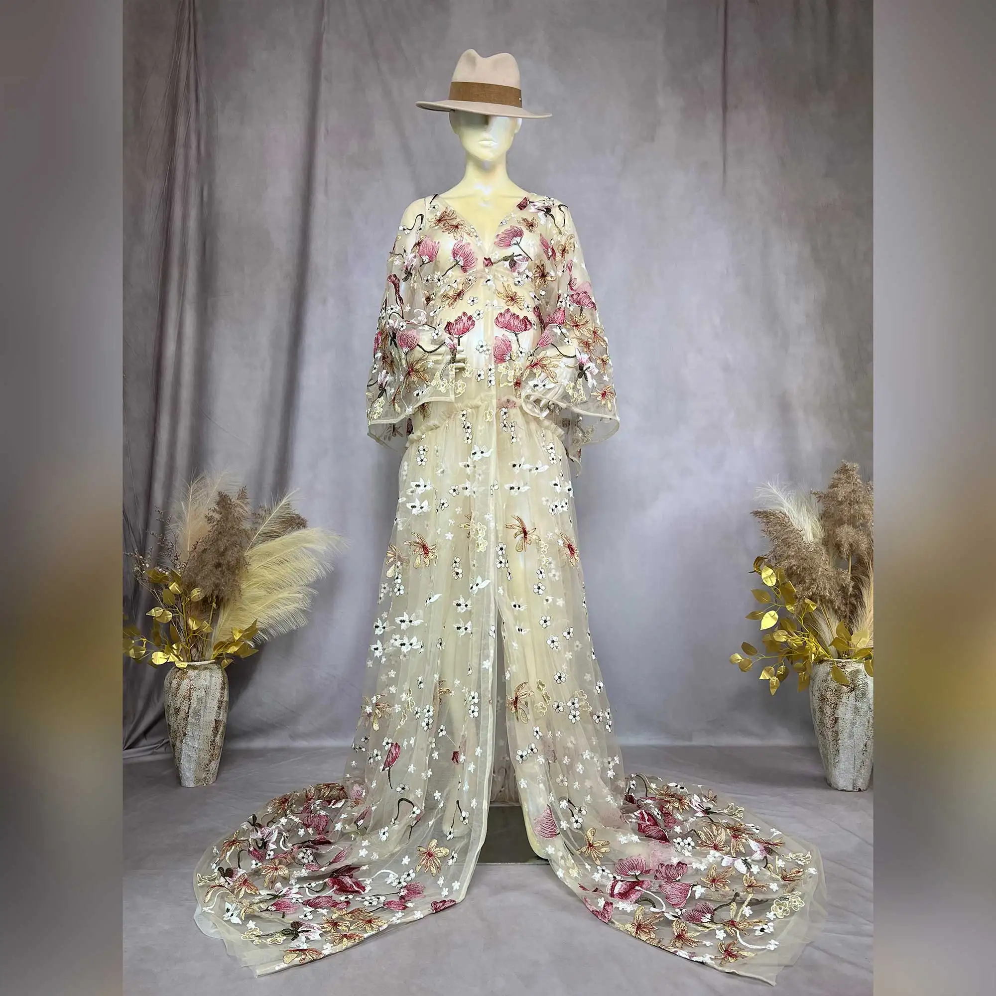 kf-S4b8e4c1dc8164997bf56fe8f9110d667U Maternity Formal Wear Long Sleeve V-neck Organza Embroidery Front Slit Dress Pregnancy Photography Dresses Celebration Clothing - Image 1