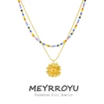 MEYRROYU 316L Stainless Steel Colored Crystal Beads Golden Trend Flower Pendant Double-layer Necklace Lady Neck Chain Jewelry