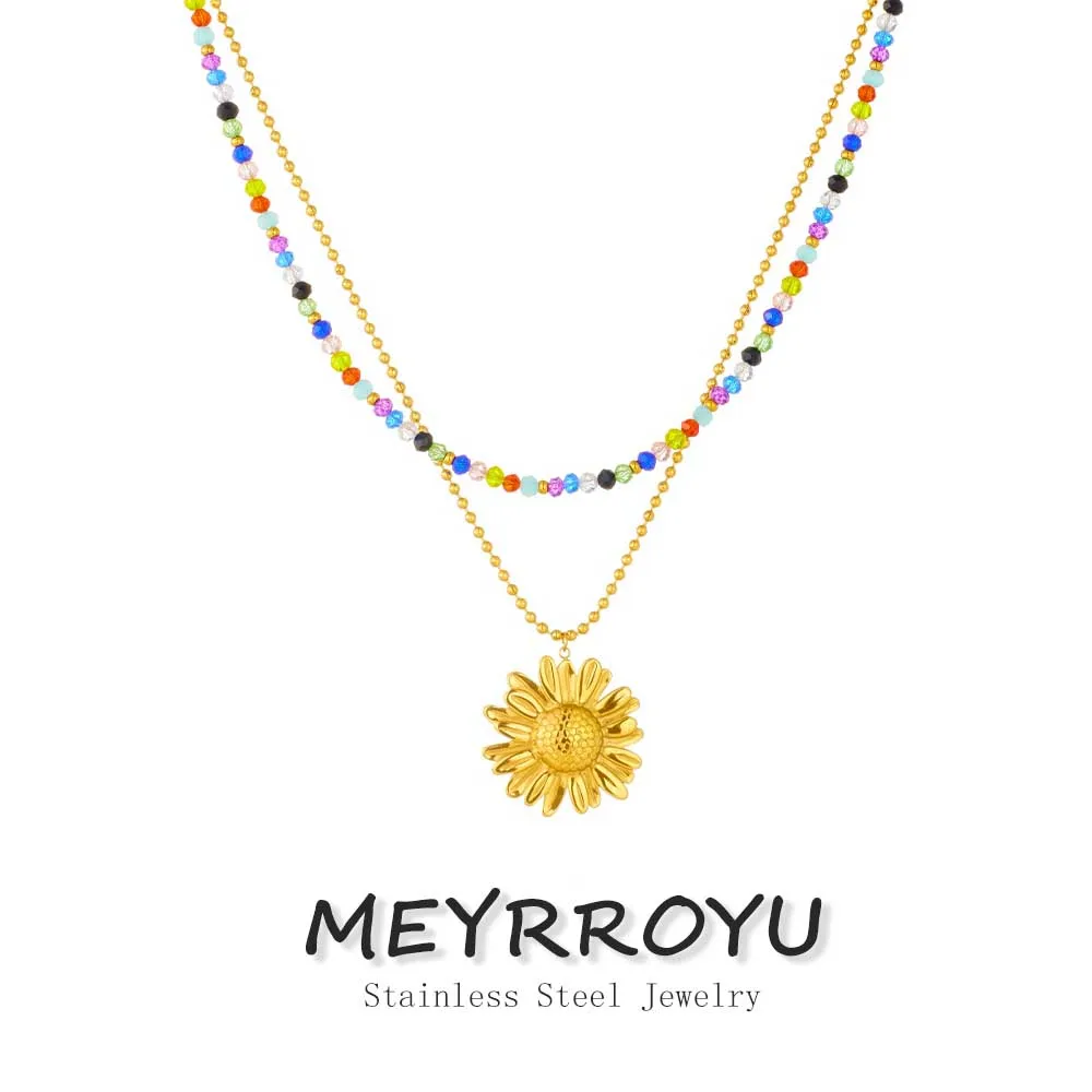 kf-S4d83aa8228054537b43c2c0beaea720d3 MEYRROYU 316L Stainless Steel Colored Crystal Beads Golden Trend Flower Pendant Double-layer Necklace Lady Neck Chain Jewelry - Image 1