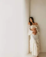 Maternity Photoshoot Dress Shed Gypsy Set Women's Boho Western Two-Pieces Cream Layered Ruffle Maxi Skirt For Pregnancy Session - Image 6