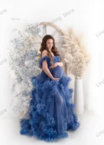 Ruffles Maternity Dress for Photoshoot Customized Off Shoulder Blue Prom Dress Party Wear Outfit Pregnancy Babyshower Bathrobe - Image 2