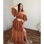 Lace Maternity Photography Dress, 2 Pcs Set Off-Shoulder with Floral Embroidery Gown Pregnancy Photo Shoot Dresses Boutique Wear