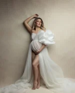 Sexy Pleated White Maternity Evening Dresses One Puffy Shoulder High Slit See Thru Pregnancy Gowns Custom Made Party Outfits - Image 5