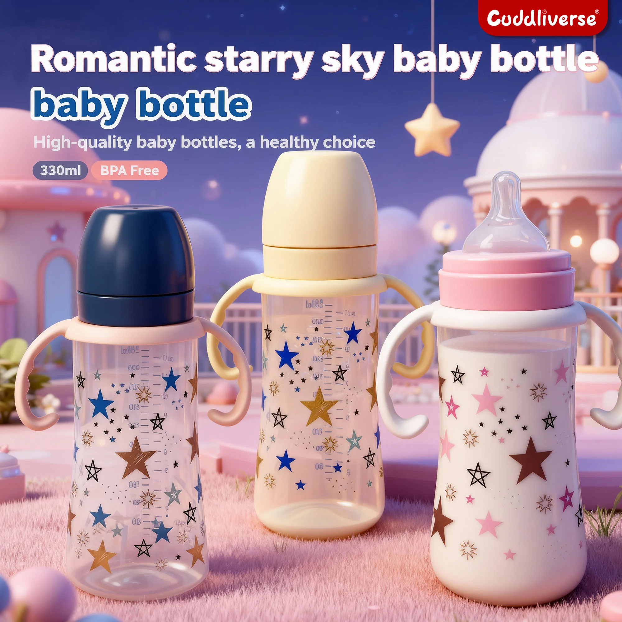 kf-S5d6b9d551dad4cc9a9a87aa98f552cb17 1PC 330ml large-capacity feeding bottle star PP bottle wide diameter anti-fall lightweight ergonomic handle design - Image 1