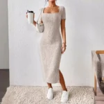 Maternity Dresses Hot Fashion Square Neck Side Knit Solid Color Clothes Pregnant Women Short-sleeved Dress Pregnant Women - Image 4