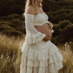 Maternity Photoshoot Dress Shed Gypsy Set Women's Boho Western Two-Pieces Cream Layered Ruffle Maxi Skirt For Pregnancy Session