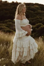 Maternity Photoshoot Dress Shed Gypsy Set Women's Boho Western Two-Pieces Cream Layered Ruffle Maxi Skirt For Pregnancy Session