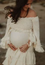 Maternity Photoshoot Dress Shed Gypsy Set Women's Boho Western Two-Pieces Cream Layered Ruffle Maxi Skirt For Pregnancy Session - Image 3