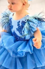 CustomizedNew Cute Blue Tulle Girl First Birthday Party Gowns Appliques Lace O Neck Flower Girl Dress Infant Wear - Image 2
