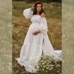 Sexy Off Shoulder Retro Maternity Photography Dress Comfortable Pregnancy Wear Linen Cotton Boho Top Large Skirt Photo Shooting - Image 6