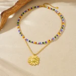 MEYRROYU 316L Stainless Steel Colored Crystal Beads Golden Trend Flower Pendant Double-layer Necklace Lady Neck Chain Jewelry - Image 5