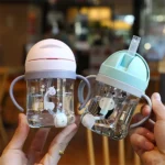 250ML Cartoon Pattern Outdoor Child Drinking Bottle with Straw Feeding Cup for Kids Training Portable Handle Water Bottle