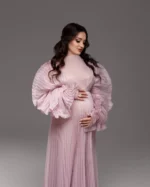 Softy Pleated Illusion Pregnancy Maternity Dress Pink Babyshower Party Wear Draped Maxi Prom Gowns Maternity Dresses for Photo - Image 3