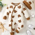 Winter Newborn Infant Boys Romper Bear Print Long Sleeve Button Up Front Rompers Kids Onepiece Soft Fashion Clothing