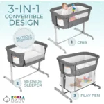 3 in 1 Bassinet Bedside Sleeper Playpen Easy Folding Portable Crib Grey - Koola(Bassinet) - Image 2