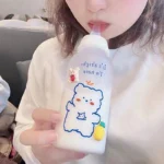 400ml Kawaii Plastic Strawberry Bear Water Bottle For Kids Adult Milk Juice Straw Cup Frosted Leakproof Drinking Bottles - Image 2