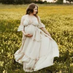 Maternity Dress Photoshoot Boho Off Shoulder Ruffle Maxi Gown Forest Theme Pregnancy Photography Outfit Shower Photo Wear - Image 6