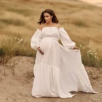 Sexy Off Shoulder Retro Maternity Photography Dress Comfortable Pregnancy Wear Linen Cotton Boho Top Large Skirt Photo Shooting - Image 4