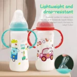 Lightweight and drop-resistant 250ml bottle with cartoon handle and breastmilk silicone nipple, PP bottle for 0-36 babies
