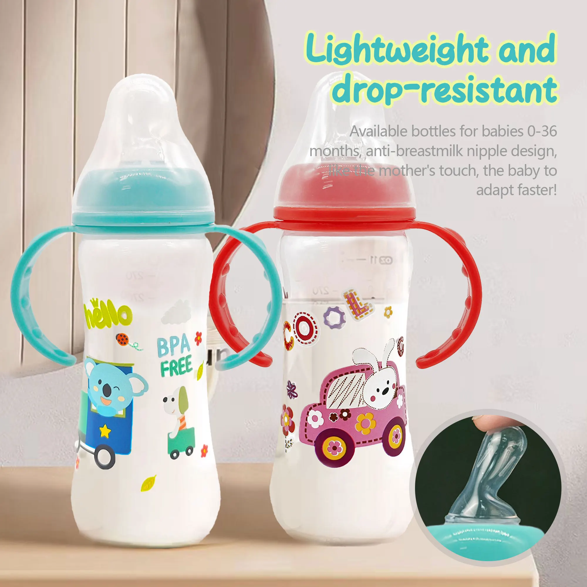 kf-Sa39837e7db67487e951bd6854cca5226g Lightweight and drop-resistant 250ml bottle with cartoon handle and breastmilk silicone nipple, PP bottle for 0-36 babies - Image 1