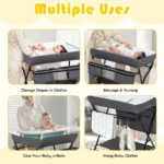 Changing Table, Adjustable Height Portable Diaper Station w Lockable Wheels, Safety Belt, Large Storage Rack amp Bag, Foldi - Image 6