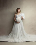 Sexy Pleated White Maternity Evening Dresses One Puffy Shoulder High Slit See Thru Pregnancy Gowns Custom Made Party Outfits - Image 3