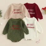 0-18M Newborn Girl Boy Christmas Sweater Romper Letter Embroidery Long Sleeve Crew Neck Knit Bubble Jumpsuit - Image 2