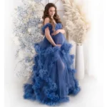 Ruffles Maternity Dress for Photoshoot Customized Off Shoulder Blue Prom Dress Party Wear Outfit Pregnancy Babyshower Bathrobe