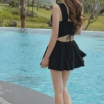 Padded Conservative Swimsuit Steel Support Thermal Belly Cover Swimsuit Gathered Svelte Design Monokini Bandeau Dress - Image 5