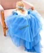 CustomizedNew Cute Blue Tulle Girl First Birthday Party Gowns Appliques Lace O Neck Flower Girl Dress Infant Wear