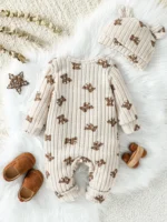 Newborn Fall Unisex Girls Boys Rompers Infant Clothes Bear Print Crew Neck Long Sleeve Toddler Jumpsuits with Hat 1-24M - Image 2