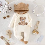 Adorable Bear Plush Romper with Hood Warm Material Bear Ear Detail Bear Print Footed Onesie for Infants