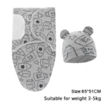 Blanket Hat Set Cartoon Printed Cotton Newborn Swaddle Adjustable Infant Sleeping Swaddle Wraps All Seasons 0-6 Months - Image 6