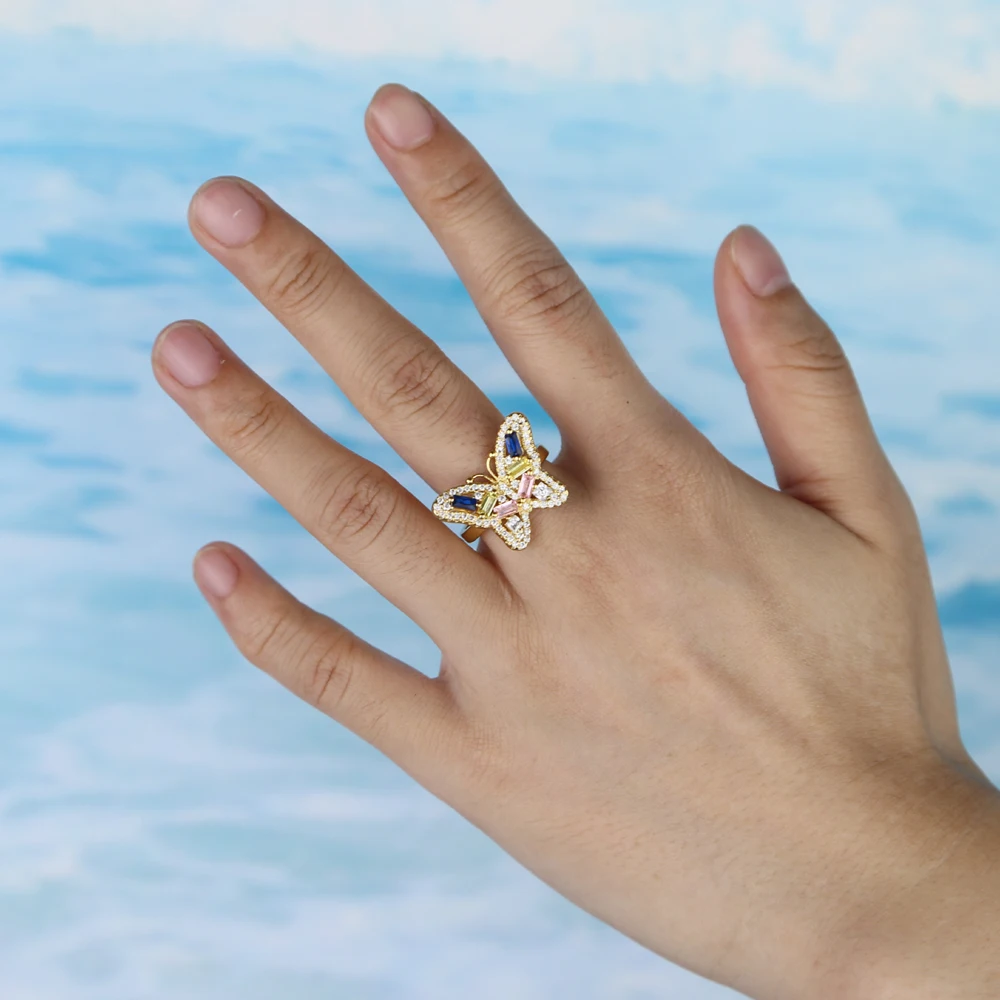 kf-Sca2dc69863d0423aa4931c49b6a5a74ai Colorful Blue Pink Yellow Zircon Big Butterfly Finger Women's Gold Plated Rings Pave Cubic Zircon Christmas Party Gift Jewelry - Image 1