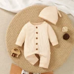 0-6 Months Newborn Boy 2PCS Clothing Set Long Sleeved Solid Color Jumpsuit with Hat Fashion Simple Style Infant Soft Wear