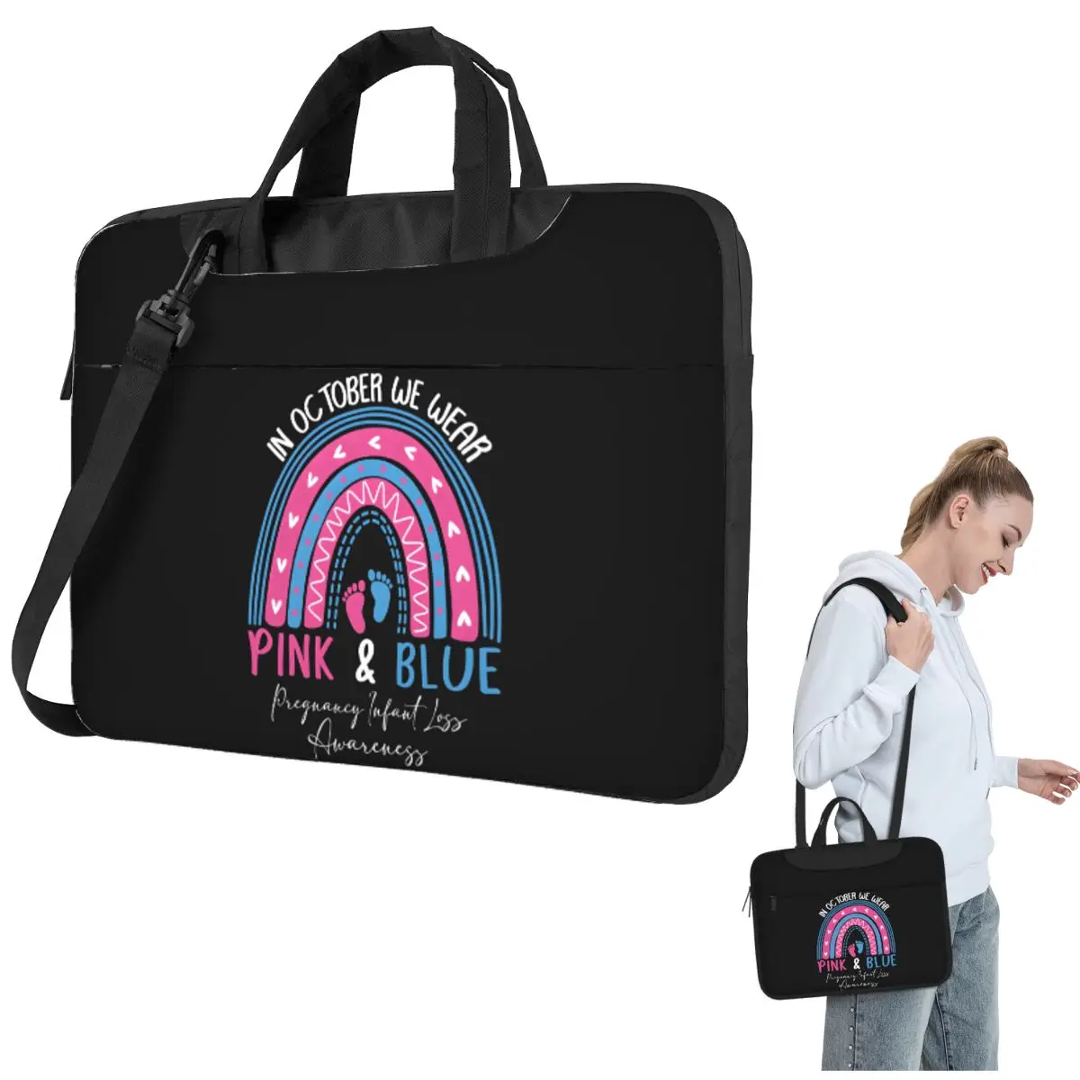 kf-Se0220bf875e643fd8278579d90197aa0H In October We Wear Pink And Blue Pregnancy Infant Loss Boho Crossbody Laptop Bag Case Computer Bag 13 14 15.6 Inch NotebookPouch - Image 1