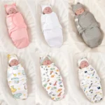 Blanket Hat Set Cartoon Printed Cotton Newborn Swaddle Adjustable Infant Sleeping Swaddle Wraps All Seasons 0-6 Months
